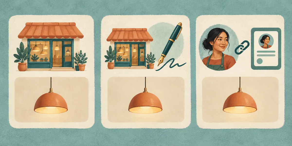 Three illustrated alternatives show a shop identity, a written signature and an author portrait linked to a profile.