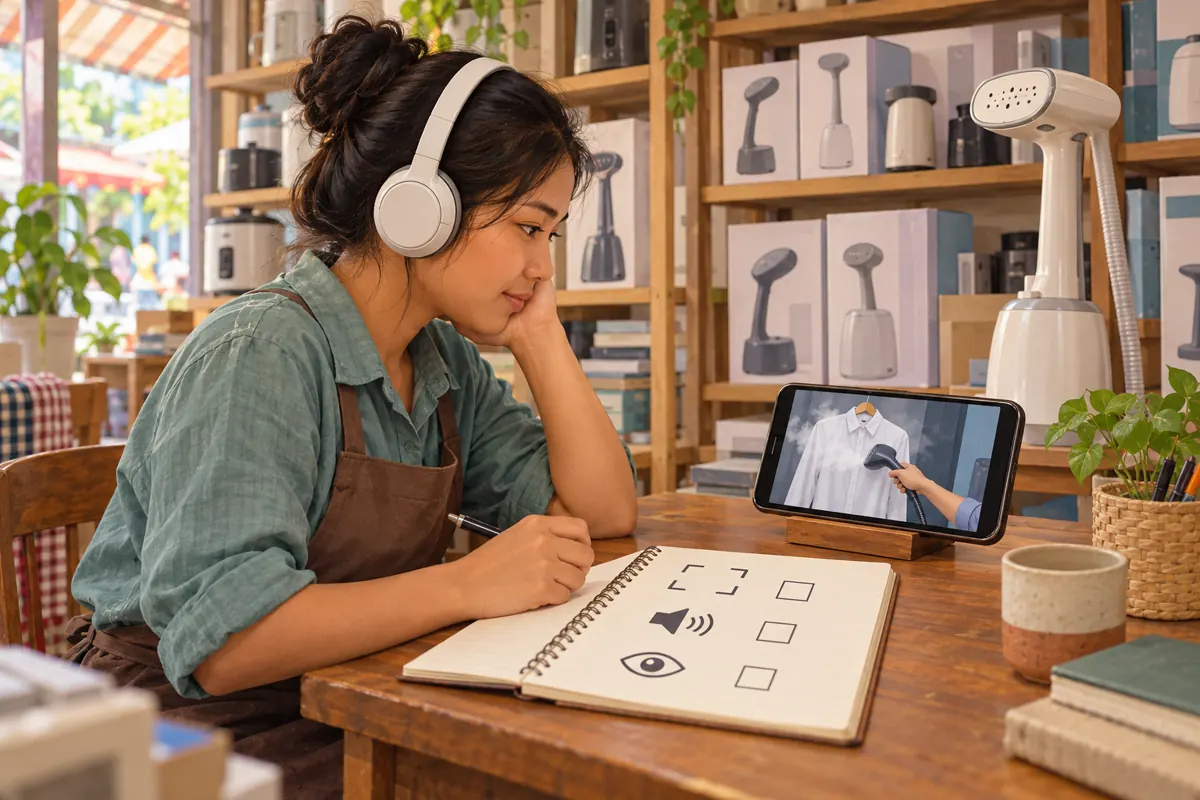 Cambodian shop worker wearing headphones reviews a garment demonstration beside a notebook with framing, sound and viewing symbols.