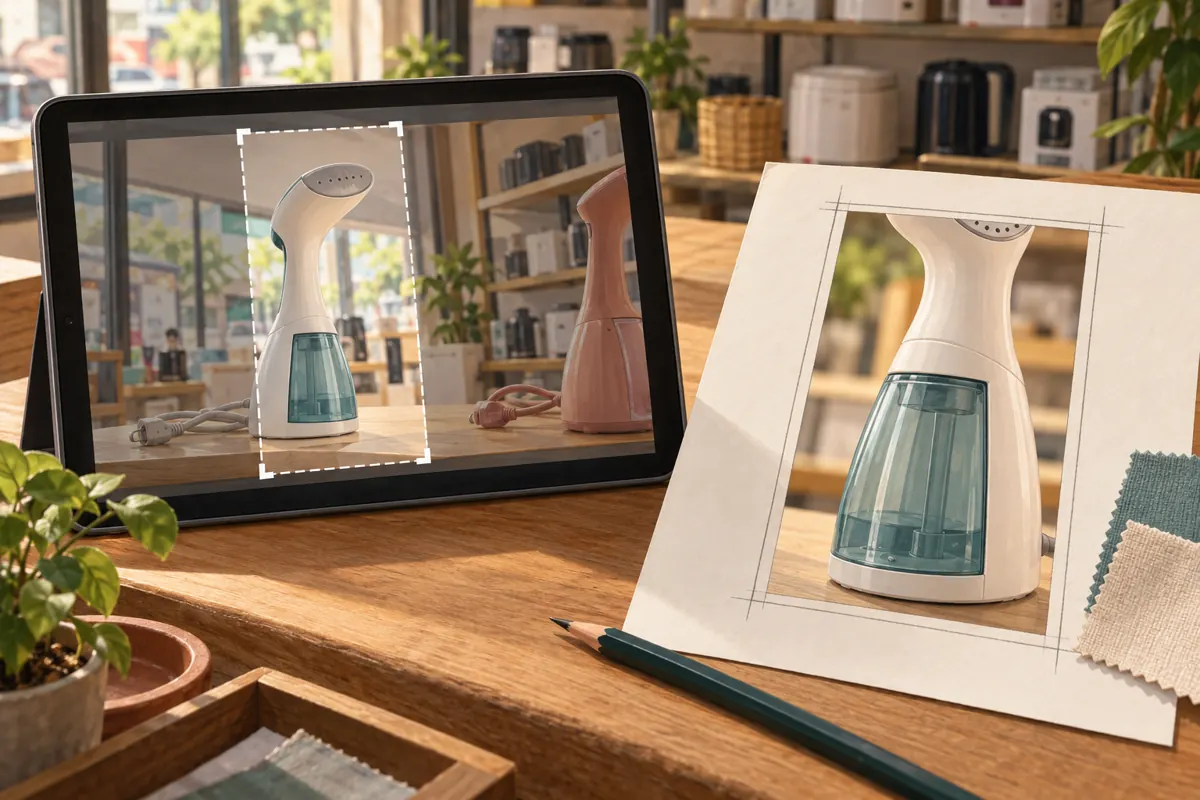 Tablet showing a narrow crop over a wide appliance shot beside a paper close-up composition of a steamer tank.