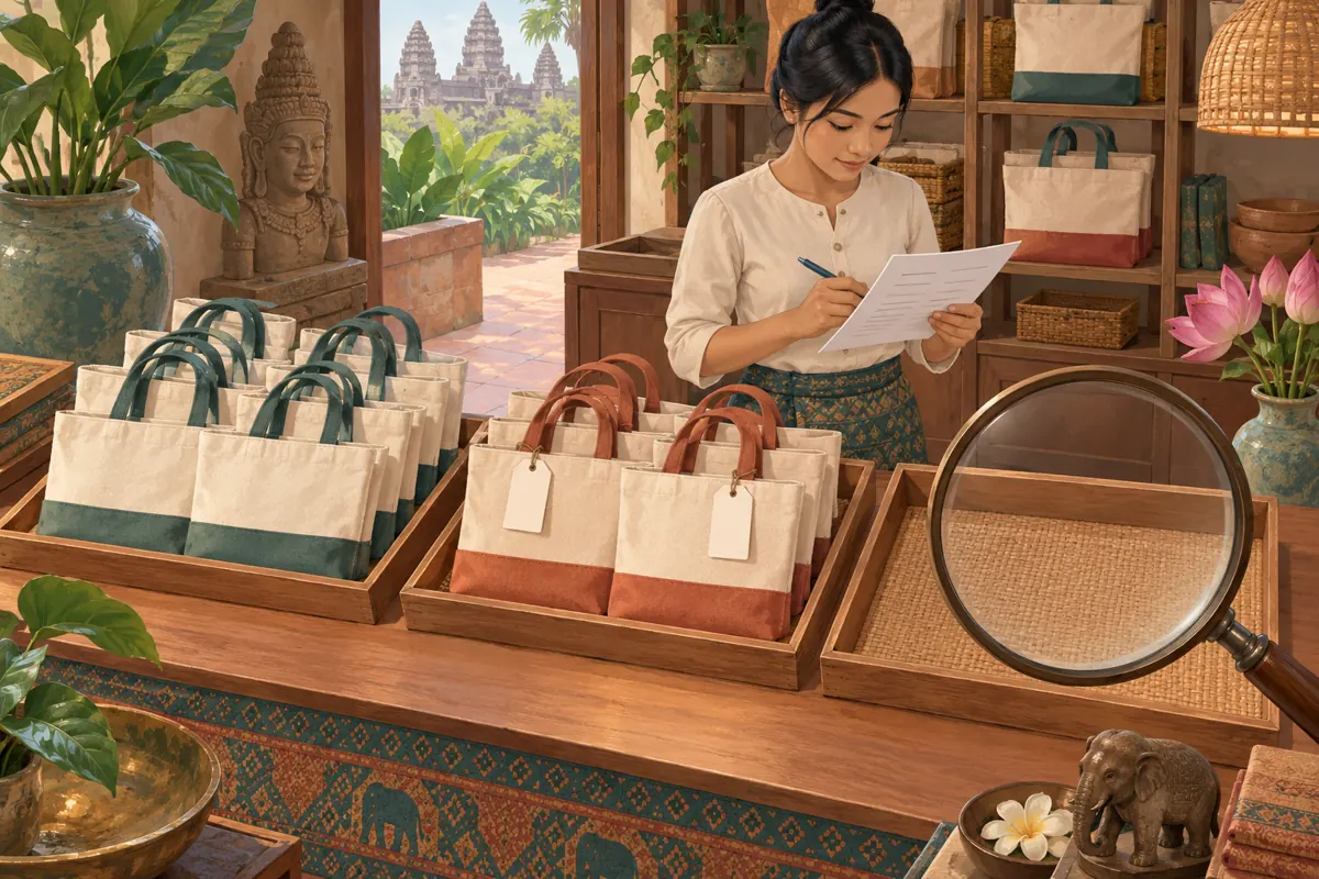 Illustrated stock check with available bags, tagged reserved bags and an empty tray under a magnifying glass.