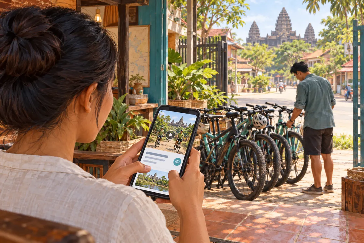 Cambodian tour operator checking a cycling video on a phone beside the shop's bicycle meeting area.