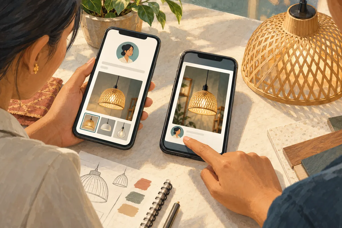 Staff compare a lamp post on two phones and point to the author marker visible on the reader’s screen.