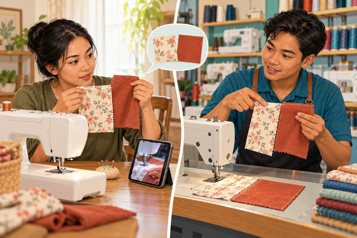 រូបគំនូរអតិថិជនកាន់សំណាកក្រណាត់នៅផ្ទះ និងបុគ្គលិកហាងប្រៀបធៀបក្រណាត់សម្រាប់ឆ្លើយសំណួរបន្ត