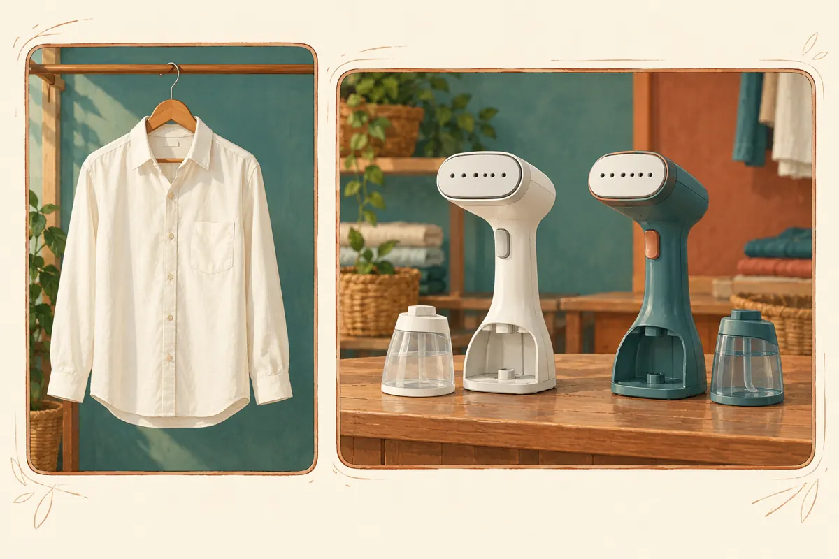 A hanging shirt in a portrait frame beside two garment steamers and removable tanks in a wide frame.