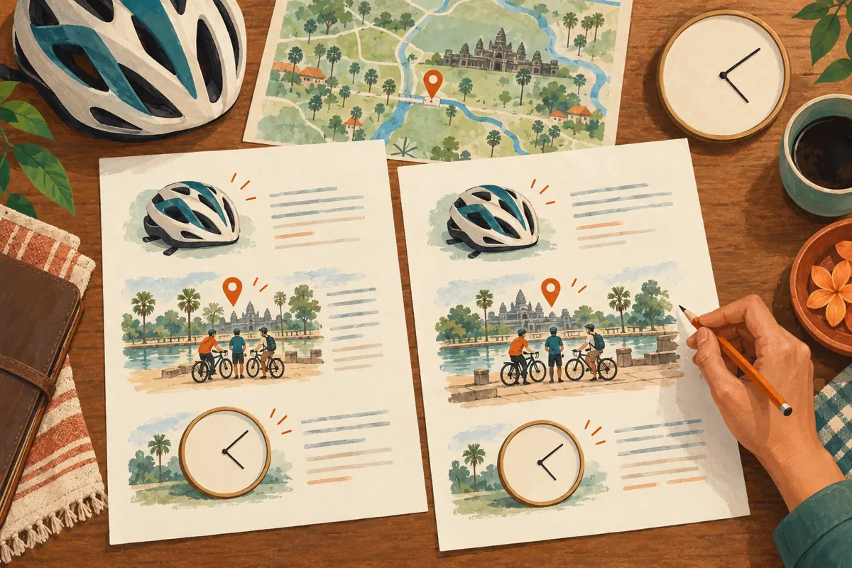 Two illustrated translation drafts showing matching helmet, meeting-point and clock symbols on a tour-planning desk.