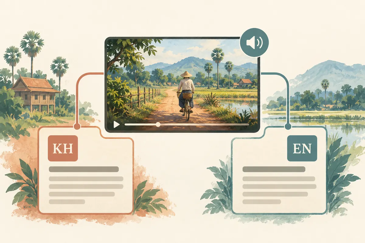 Diagram connecting one cycling video to Khmer and English information cards, with a separate speaker symbol.