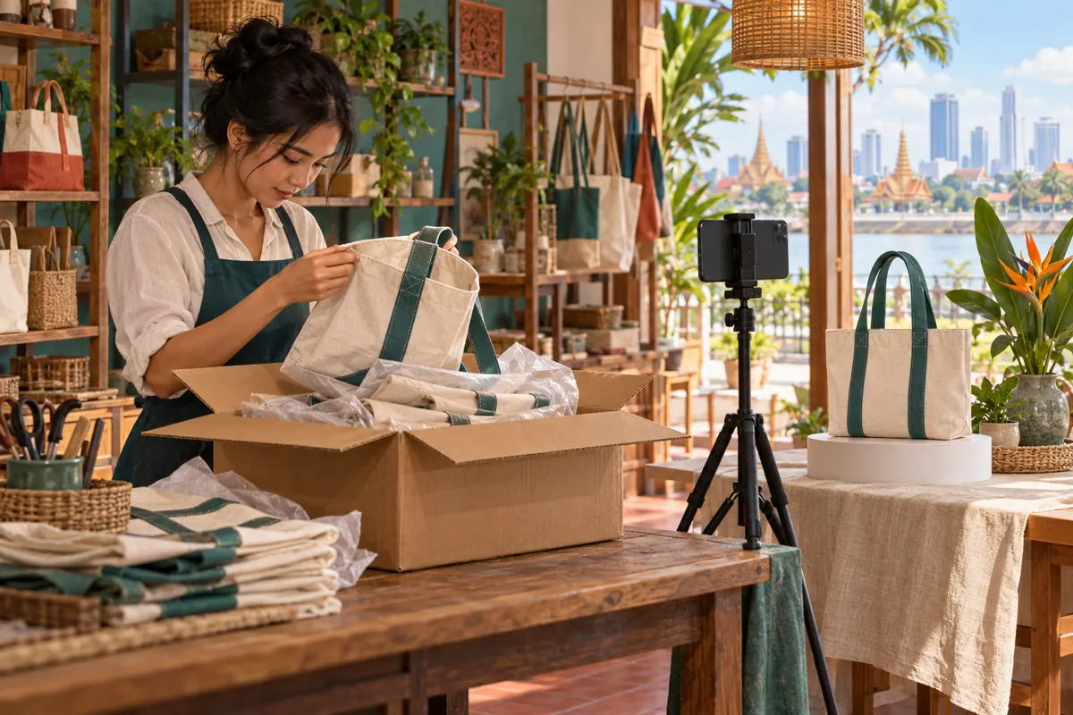 Illustrated Cambodian shopkeeper inspecting a newly arrived canvas bag beside a phone filming station.