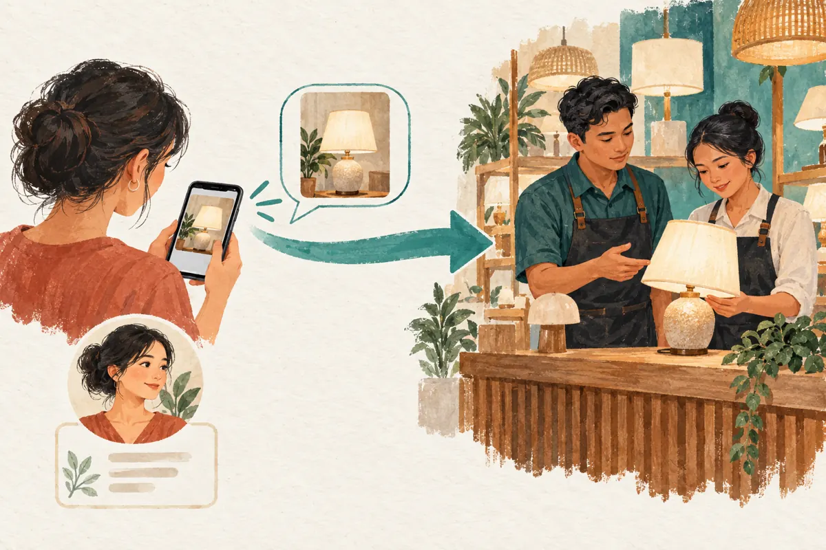 An illustrated enquiry arrow connects a customer viewing a lamp post with two staff at a lighting shop counter.