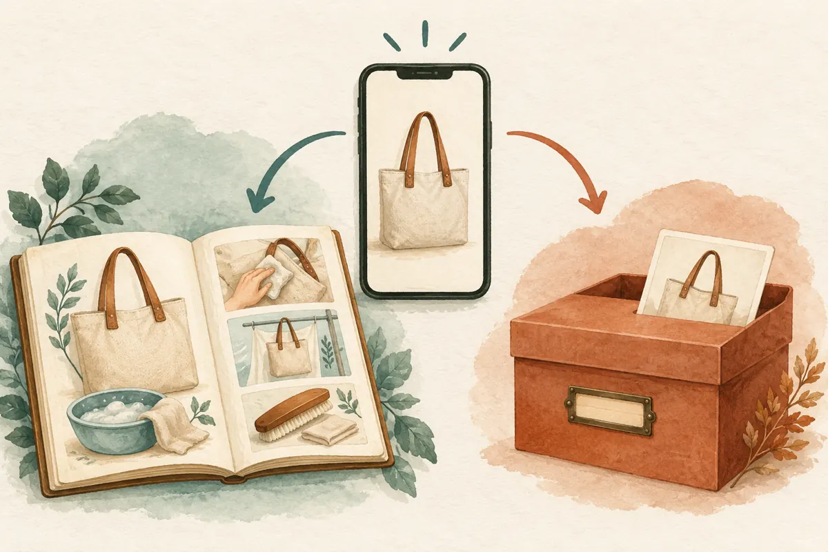 A bag video branches toward an illustrated care guide and an archive box, representing two content decisions.
